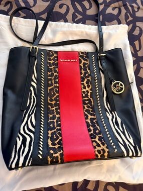 Michael Kors Black, Red & Animal Print Leather Tote